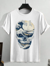 Men's Skull Japanese Sea Wave Art Print Cotton Casual T-Shirt
