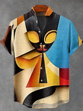 Black Cute Color Blocking Cat Vintage Print Cotton Linen Casual Shirt
