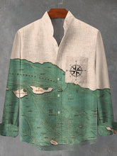 Nautical Map Compass Graphic Print Cotton Linen Long Sleeve Shirt
