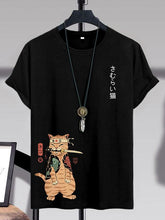 Men's Japanese Sushi Samurai Cat Print Cotton Casual T-Shirt