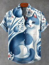 Blue Flower Cat Vintage Print Cotton Linen Casual Shirt