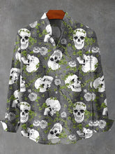 Retro Romantic Skull And Botanical Print Cotton Linen Long Sleeve Shirt