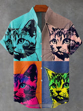 Vintage Cat Art Print Casual Cotton Linen Shirt