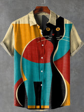 Colorful Color-blocked Kittens Vintage Print Cotton Linen Casual Shirt
