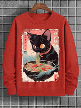 Men's Japanese Art Black Cat Eating Noodle Illustration Print Cotton Casual Sweatshirt