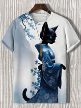 Men's Elegant Sakura Kimono Cat Art Print Casual T-Shirt