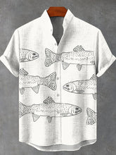 Black and White Minimalist Fish Vintage Print Cotton Linen Casual Shirt