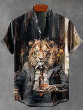 Lion In The Bar Abstract Art Vintage Print Cotton Linen Casual Shirt