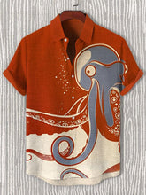 Men's Funny Octopus Color Block Art Print Cotton Linen Casual Shirt