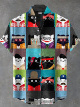 Funny Cat Art Print Cotton Linen Casual Shirt