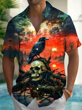 Vintage Skull Crow Halloween Print Men's Button Pocket Short Sleeve Shirt Big & Tall