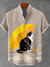 Cow Cat with Umbrella Vintage Print Casual Cotton Linen Shirt