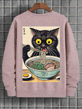 Men's Japanese Black Cat Eating Noodle Illustration Print Cotton Casual Sweatshirt