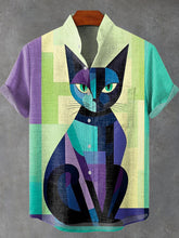 Abstract Funny Animals Geometry Cat Vintage Print Cotton Linen Casual Shirt