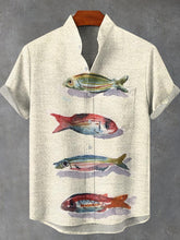 Ink Fish Vintage Print Cotton Linen Casual Shirt