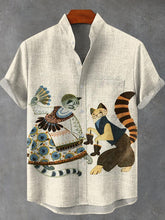 Cotton Linen Cute Animals Ethnic Art Illustration Two Kittens Dancing Crayon Painting Funny Art Print Casual Shirt