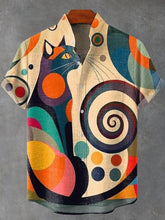 Abstract Funny Animals Geometry Color Cat Vintage Print Cotton Linen Casual Shirt