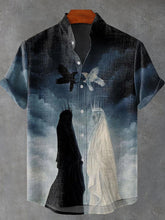 Black and White Ghosts Vintage Print Cotton Linen Casual Shirt