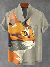 Abstract Funny Animals Geometry Cat Vintage Print Cotton Linen Casual Shirt