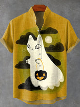 Halloween White Ghost Cat Vintage Print Cotton Linen Casual Shirt