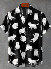 Cute Black and White Cats Vintage Print Cotton Linen Casual Shirt
