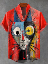 Abstract Funny Animals Cat Vintage Print Cotton Linen Casual Shirt