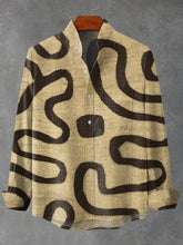 Vintage Hand Drawn Brown Line Graphic Print Cotton Linen Long Sleeve Shirt