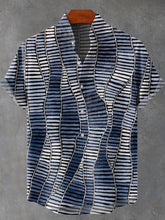 Blue Geometry Gradient Abstract Art Print Cotton Linen Casual Shirt