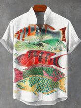 Hand Drawn Colorful Lots Of Fish Pattern Print Cotton Linen Casual Shirt