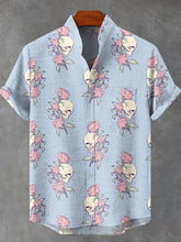 Clear Blue Skull Flowers Vintage Print Cotton Linen Casual Shirt