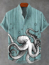 Black and White Octopus Vintage Print Cotton Linen Casual Shirt
