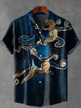 Deep Sea Octopus Art Print Lapel Cotton Linen Casual Shirt