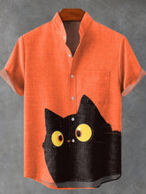Cute Funny Animals Black Cat Vintage Print Cotton Linen Casual Shirt