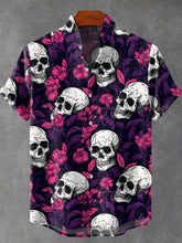 Halloween Skull Flowers Art Print Cotton Linen Casual Shirt