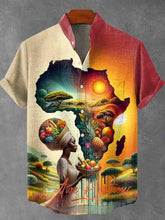 Africa Map and Fruit Decorative Pattern Cotton Linen Casual Shirt