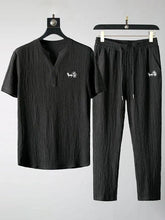Men's Casual Textured V Neck Button Carriage Embroidery T-Shirt Pants Linen Two-Piece Set