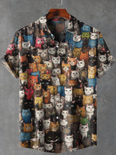 Fun A Lot of Kitten Heads Vintage Print Cotton Linen Casual Shirt