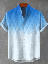 Blue Geometric Gradient Color Art Print Cotton Linen Casual Shirt