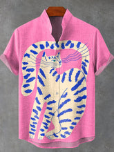 Abstract Simple Cat Animal Vintage Print Cotton Linen Casual Shirt