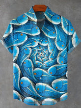 Blue Whirlpool Vintage Print Cotton Linen Casual Shirt