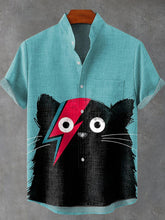 Black Flower-faced Cat Vintage Print Cotton Linen Casual Shirt