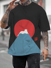 Men's Cotton Japanese Art Fuji Bobcat Print Casual Short Sleeve T-Shirt