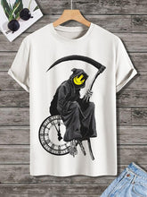Men's Funny Grim Reaper Skeleton Clock Print Cotton Casual T-Shirt