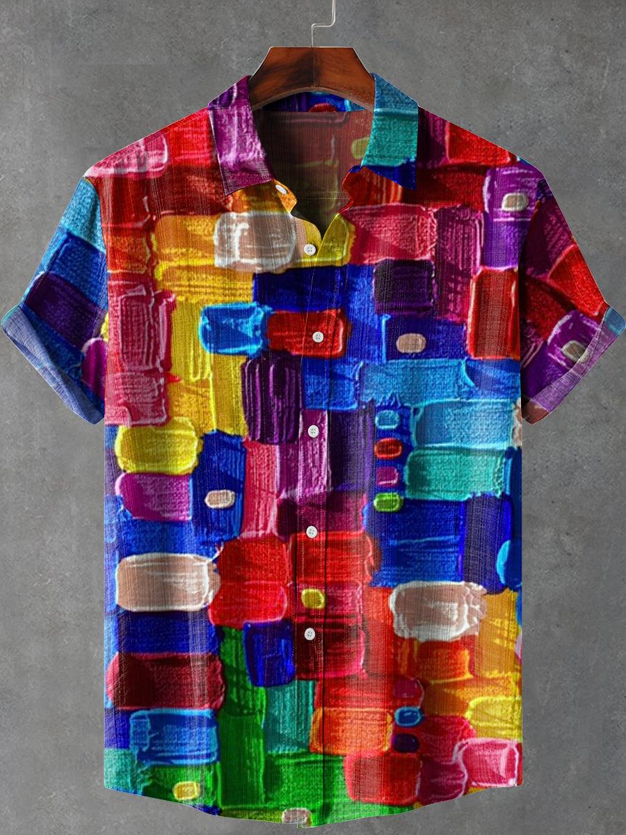 3D Art Oil Painting Color Grid Print Lapel Cotton Linen Casual Shirt - Charmedream
