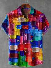 3D Art Oil Painting Color Grid Print Lapel Cotton Linen Casual Shirt - Charmedream