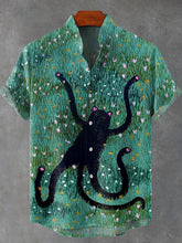 Lying Octopus Cat Art Print Cotton Linen Casual Shirt