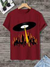 Men's Record UFO Burning City Buildings Print Cotton Casual T-Shirt