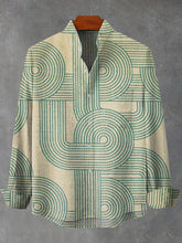 Vintage Green Round Hand Drawn Stripe Print Cotton Linen Long Sleeve Shirt