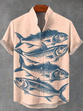 Blue Minimalist Design Fish Vintage Print Cotton Linen Casual Shirt