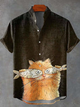 Cute Kitten Covering Eyes with Fish Decorative Pattern Cotton Linen Casual Shirt